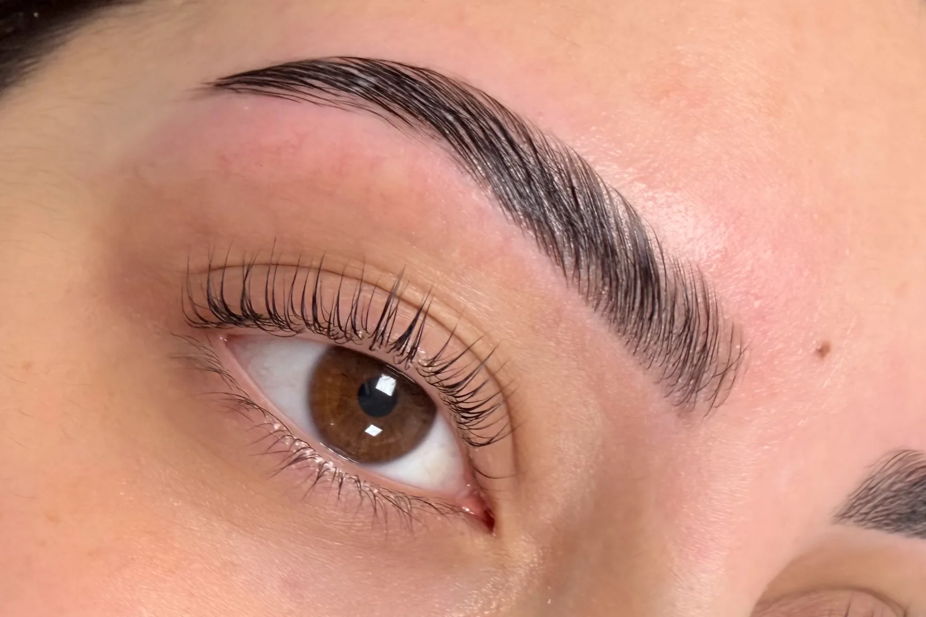 Een gelamineerde wenkbrauw van dichtbij, de haartjes omhoog gelegd boven een bruin oog