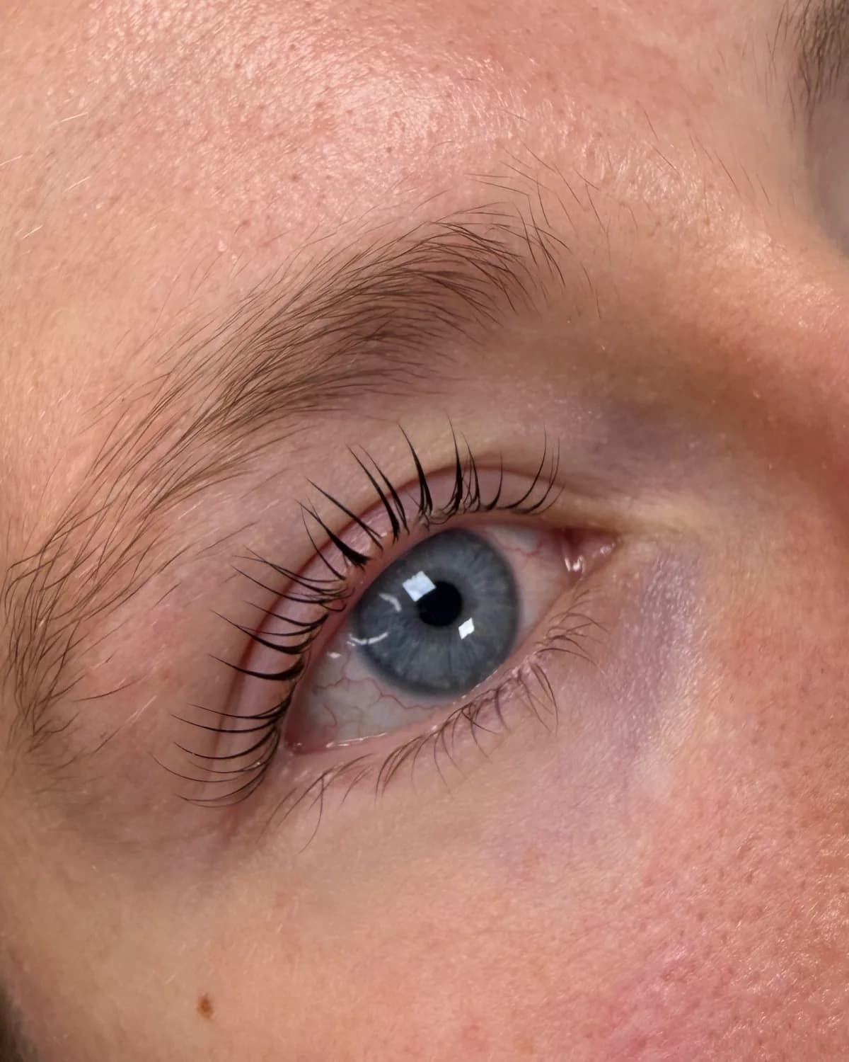 Donkere, gekrulde wimpers bij lichtblonde wenkbrauwen, van dichtbij