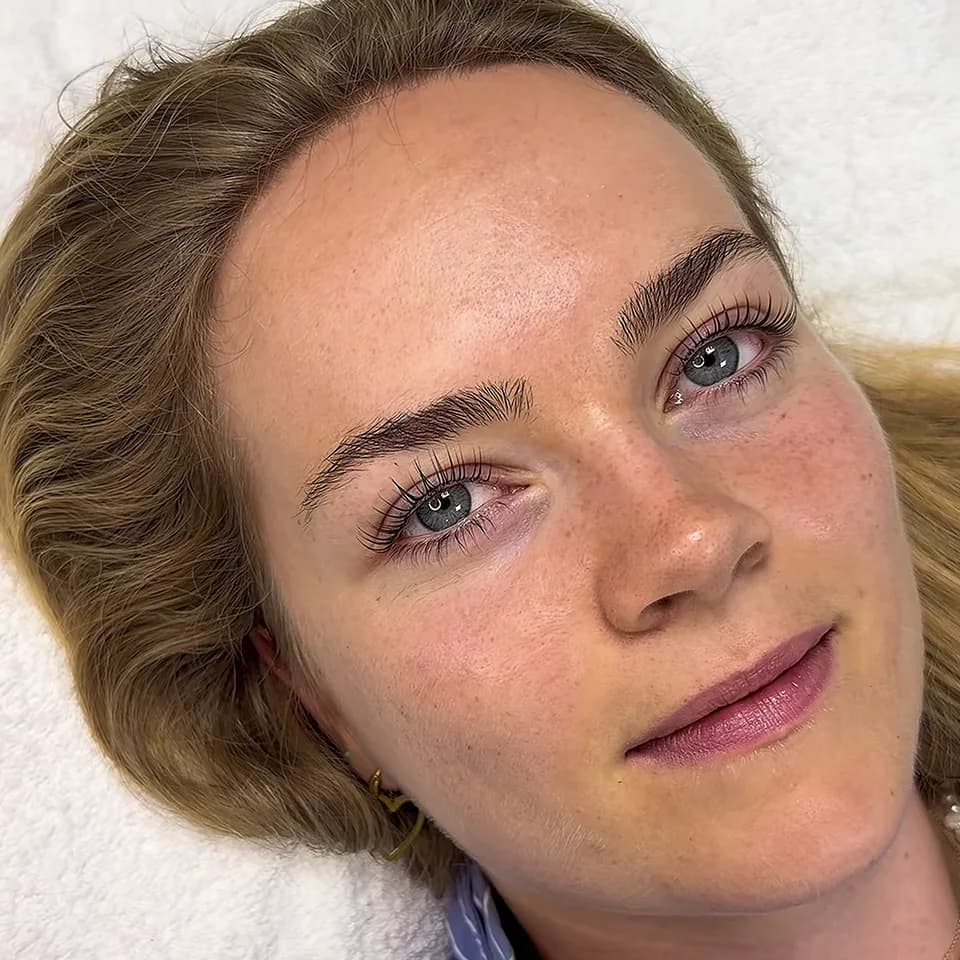 Before and after a lash lift: first straight, light lashes, then curled and dark